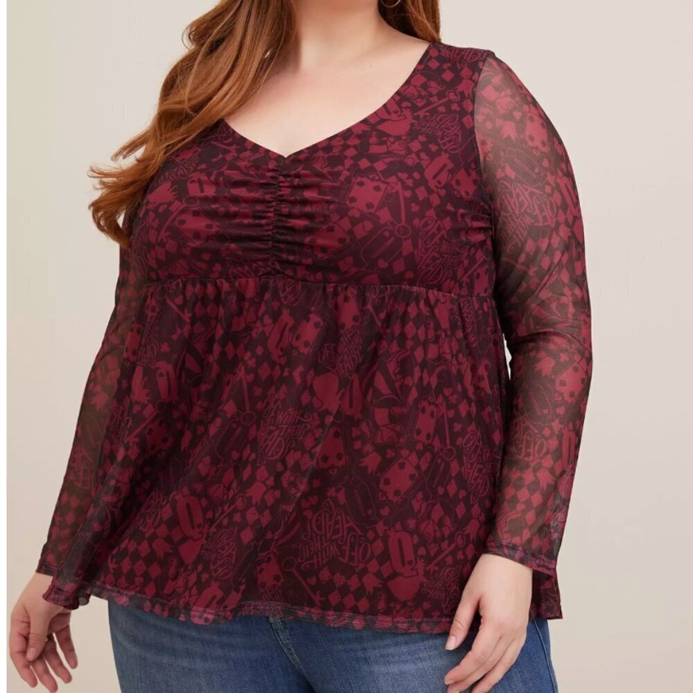 Torrid Disney Villains Top Blouse Long Sleeve Cinch Front Mesh Queen Hearts 6X